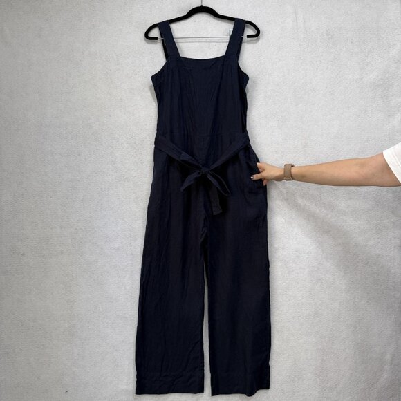 Quince Jumpsuit Womens XS Navy 100% Linen Wide Leg Tie Waist Pockets Square Neck - Picture 7 of 13